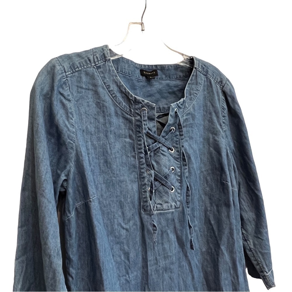 Talbots Womens Chambray Shift Dress Blue 3/4 Sleeve Lace Up Pullover, Size 8